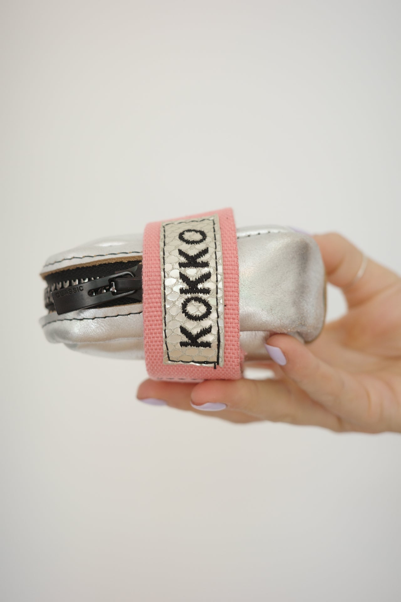 Saddle bag Silver + Pink strap