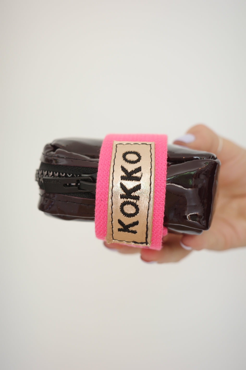 Saddle bag Lacquered Purple + Pink strap